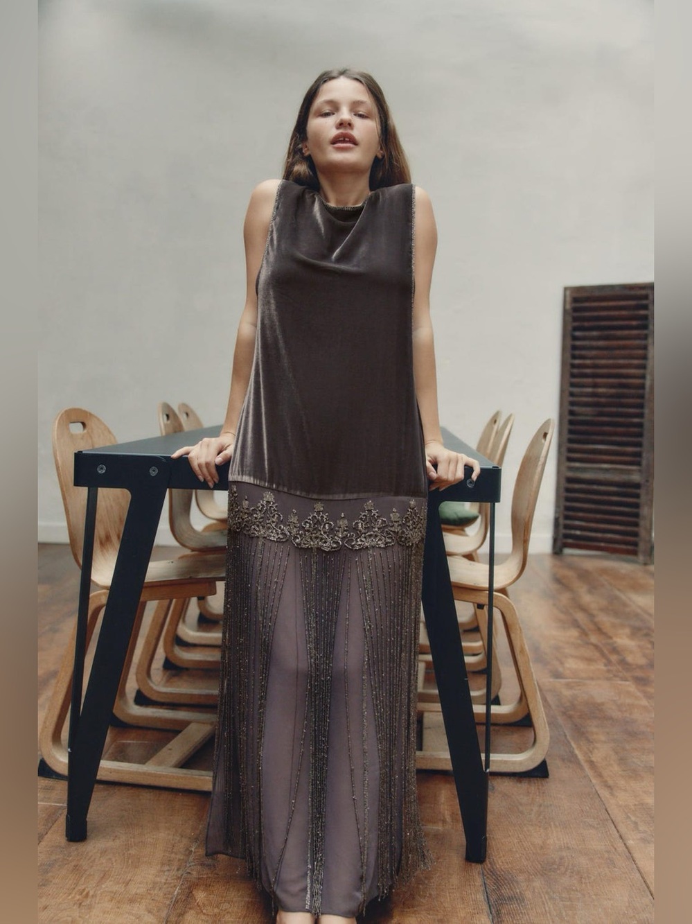 NWT. Zara Grey/Brown Combination Velvet Beaded Fringe Long Dress. Size M.